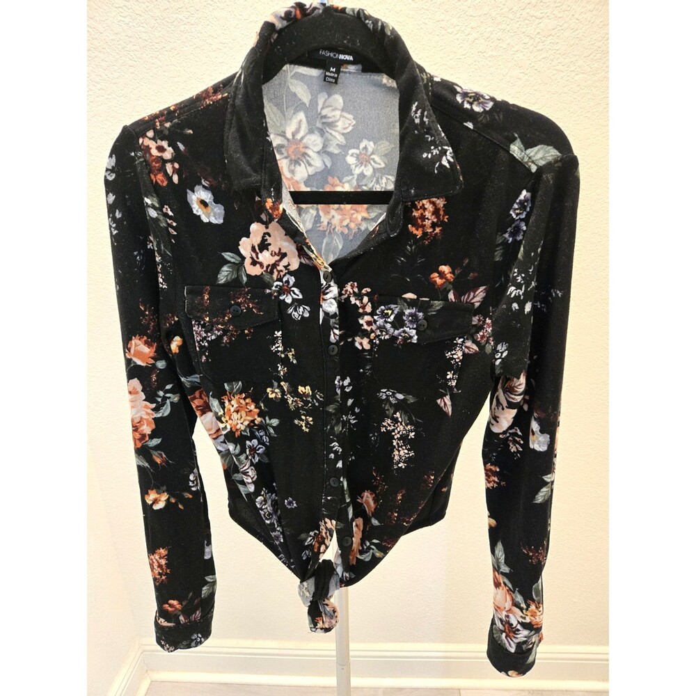 Fashion Nova M Floral Tie Front Button Up Shirt Womens Black Long Sleeve Blouse